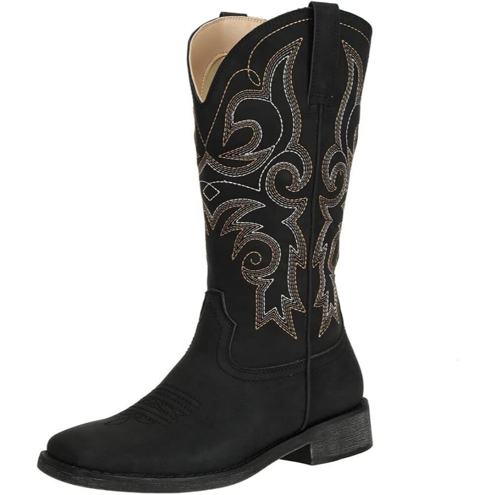 SheSole Western Boots Women Black Faux Leather Square Toe Wide Mid Calf